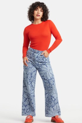 gorman Dandelion Jean | women’s floral wide leg jeans | womens blue denim fashion | women’s casual clothes with retro flower prints - flipped
