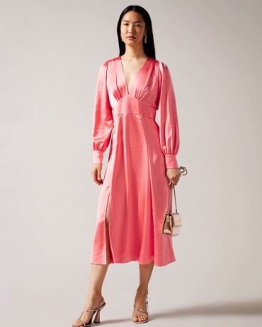 Daniia Satin Midi Dress With Blouson Sleeve in Coral / plunge front slit hem party dresses / plunging neckline / long balloon sleeves / women’s recycled fabric occasion clothes / womens sustainable clothing - flipped