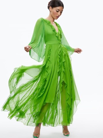 alice + olivia DAY SUNBURST SLEEVE MAXI DRESS in Parrot | green floaty semi sheer occasion dresses | women’s luxury evening clothes | romantic ruffled event fashion | luxe clothing | deep V-neckline - flipped