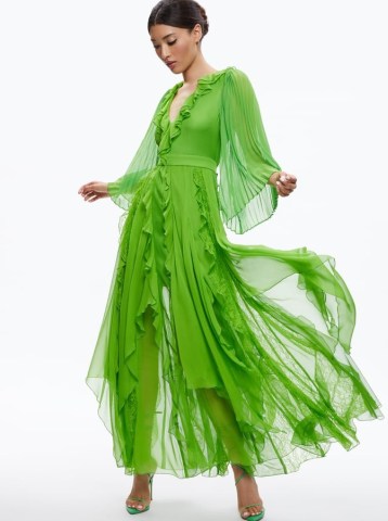 alice + olivia DAY SUNBURST SLEEVE MAXI DRESS in Parrot | green floaty semi sheer occasion dresses | women’s luxury evening clothes | romantic ruffled event fashion | luxe clothing | deep V-neckline