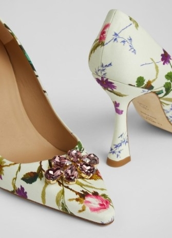 L.K. BENNETT Dazzle Cream Meadow Scene Print Fabric Flared Heel Courts ~ floral occasion shoes ~ luxury crystal embellish court ~ women’s romantic summer event footwear