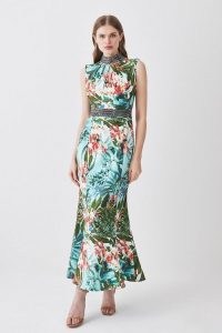 KAREN MILLEN Diamante Trim Palm Floral Woven Midi Dress in green / sleeveless printed occasion dresses / women’s evening clothes / embellished clothing