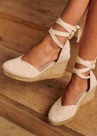 Sézane DIANE ESPADRILLES Ecru canvas and Embrodiery / floral wedge heel espadrille sandals / women’s ankle wrap wedges / women’s wedge heel shoes with ties
