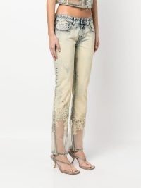 Diesel lace-panel straight-leg trousers in powder blue/sesame beige | womens low rise sheer hem jeans | women’s bleach wash denim clothes