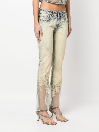 Diesel lace-panel straight-leg trousers in powder blue/sesame beige | womens low rise sheer hem jeans | women’s bleach wash denim clothes