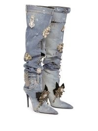 Dolce & Gabbana crystal-embellished knee-high boots in blue ~ distressed denim fashion ~ women’s designer footwear covered in crystals ~ high stiletto heels