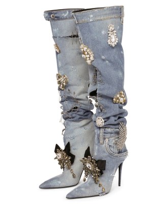 Dolce & Gabbana crystal-embellished knee-high boots in blue ~ distressed denim fashion ~ women’s designer footwear covered in crystals ~ high stiletto heels - flipped