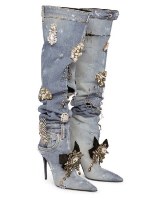 Dolce & Gabbana crystal-embellished knee-high boots in blue ~ distressed denim fashion ~ women’s designer footwear covered in crystals ~ high stiletto heels