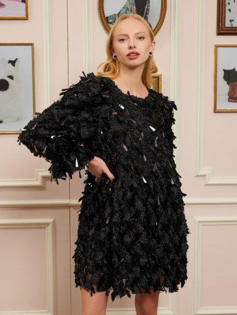 sister jane THE TEN CATS Teddy Bear Mini Dress in Black Bird – women’s textured drop sequin party dresses – feminine occasion clothing – sequinned tulle evening fashion – romantic clothes – deep open scooped back – sparkling LBD