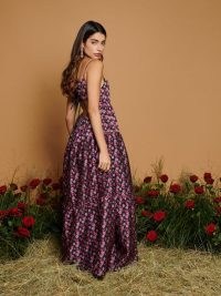 sister jane Glade Jacquard Maxi Dress in Black Raspberry Pink – floral strappy open back dresses – skinny shoulder strap occasion fashion – feminine clothes – women’s tiered party clothing – romance inspired – DREAM THE RODEO ROSE