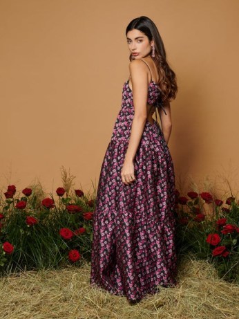 sister jane Glade Jacquard Maxi Dress in Black Raspberry Pink – floral strappy open back dresses – skinny shoulder strap occasion fashion – feminine clothes – women’s tiered party clothing – romance inspired – DREAM THE RODEO ROSE - flipped