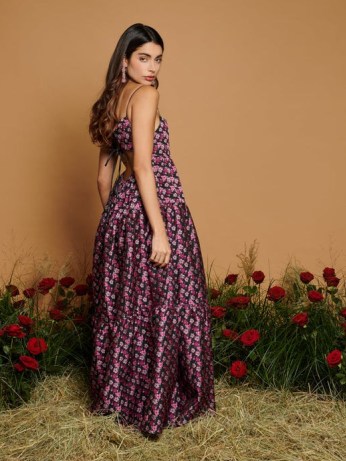 sister jane Glade Jacquard Maxi Dress in Black Raspberry Pink – floral strappy open back dresses – skinny shoulder strap occasion fashion – feminine clothes – women’s tiered party clothing – romance inspired – DREAM THE RODEO ROSE