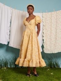 sister jane Lemonade Jacquard Midi Dress in Pastel Yellow – women’s floral puff sleeve tiered hem dresses – romantic fit and flare – womens feminine occasion fashion