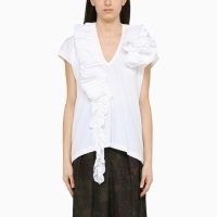 Dries Van Noten White T-shirt with ruffles – women’s ruffle trim tee – womens designer T-shirts – frill trimmed tops