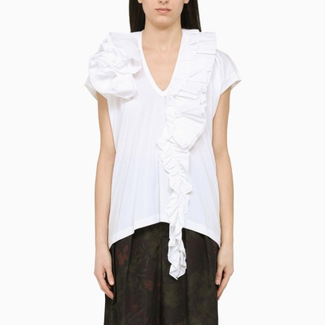 Dries Van Noten White T-shirt with ruffles – women’s ruffle trim tee – womens designer T-shirts – frill trimmed tops - flipped