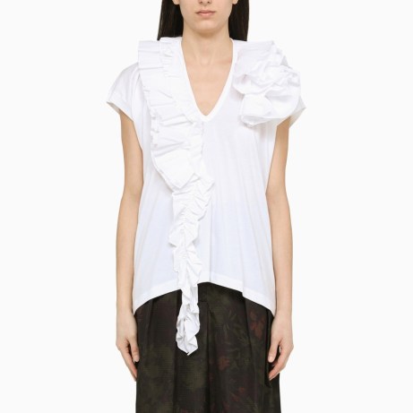 Dries Van Noten White T-shirt with ruffles – women’s ruffle trim tee – womens designer T-shirts – frill trimmed tops
