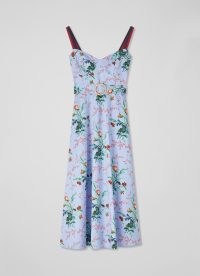L.K. BENNETT Eleni Blue Cotton Meadow Scene Sun Dress / women’s floral sundress / womens summer shoulder strap dresses / sleeveless belted sundresses / sweetheart neckline