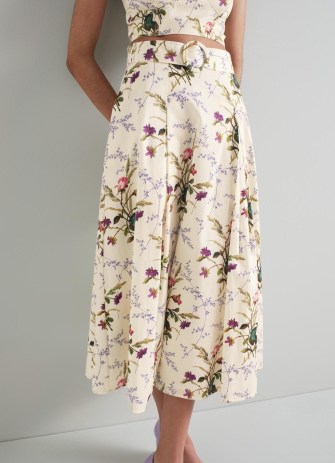 L.K. Bennett Eloise Cream Meadow Scene Cotton Midi Skirt | floral pleated skirts | womens luxury clothing | soft pleating | belted | women’s feminine clothes - flipped