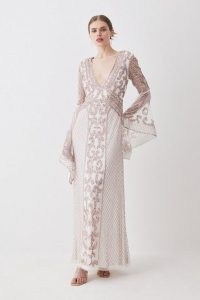 KAREN MILLEN Embellished Kimono Sleeve Beaded Maxi Dress in Ivory / sequinned semi sheer wide sleeve occasion dresses / ethereal style clothing / feminine evening event clothes / sequin covered womens occasionwear / plunge front party fashion