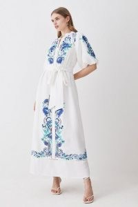 KAREN MILLEN Embroidered Viscose Linen Midi Dress / women’s blue and white floral puff sleeve dresses