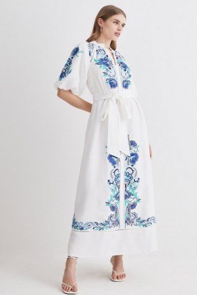 KAREN MILLEN Embroidered Viscose Linen Midi Dress / women’s blue and white floral puff sleeve dresses - flipped