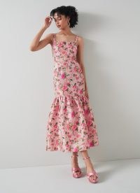 L.K. BENNETT Essie Pink Chine Floral Print Raw Silk Dress ~ women’s luxury occasion dresses
