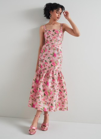 L.K. BENNETT Essie Pink Chine Floral Print Raw Silk Dress ~ women’s luxury occasion dresses - flipped