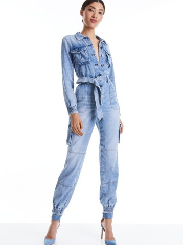 alice + olivia ETHA CHAMBRAY JUMPSUIT in Lightning Blue | women’s collared cargo style jumpsuits | womens denim tie waist all-in-one | utility inspired fashion | cuffed hem | pocket detail - flipped