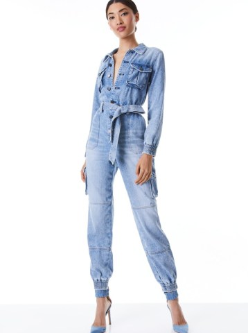 alice + olivia ETHA CHAMBRAY JUMPSUIT in Lightning Blue | women’s collared cargo style jumpsuits | womens denim tie waist all-in-one | utility inspired fashion | cuffed hem | pocket detail