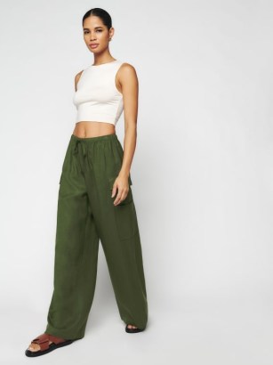 Reformation Ethan Linen Pant in Fern / women’s dark green relaxed fit trousers / womens casual drawstring waist side pocket pants - flipped