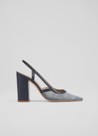 L.K. BENNETT Etta Navy Leather and Linen Slingbacks / chic block heel slingback courts / women’s luxury shoes - flipped