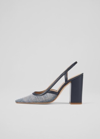 L.K. BENNETT Etta Navy Leather and Linen Slingbacks / chic block heel slingback courts / women’s luxury shoes