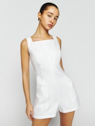 Reformation Eve Linen Romper in White | womens sleeveless summer rompers | women’s minimalist playsuits | tie back detail playsuit - flipped