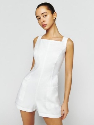 Reformation Eve Linen Romper in White | womens sleeveless summer rompers | women’s minimalist playsuits | tie back detail playsuit