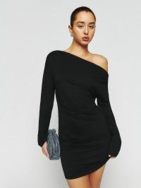 Reformation Eveline Knit Dress in Black – one shoulder LBD – long sleeve mini dresses – women’s evening fashion – womens asymmetric neckline party clothes