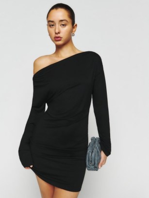 Reformation Eveline Knit Dress in Black – one shoulder LBD – long sleeve mini dresses – women’s evening fashion – womens asymmetric neckline party clothes - flipped