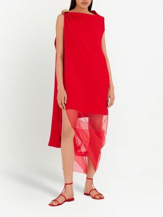 Ferragamo asymmetric sheer-drape dress in rose red ~ semi sheer occasion dresses ~ women’s luxury evening event clothes ~ womens designer clothing - flipped