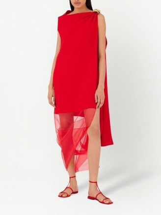 Ferragamo asymmetric sheer-drape dress in rose red ~ semi sheer occasion dresses ~ women’s luxury evening event clothes ~ womens designer clothing