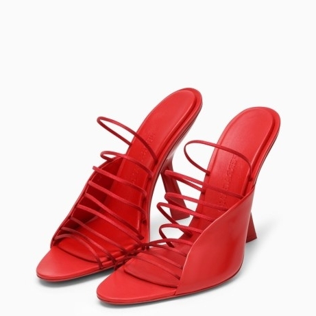 Ferragamo Red sandal with straps – strappy sculpted high heels – women’s designer shoes – womens luxury footwear – skinny strap sandals – angled heel - flipped