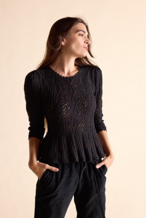St. Roche FILIGREE SWEATER in BLACK | feminine peplum sweaters | ruffle hem jumper | women’s luxury knitwear | womens organic cotton jumpers - flipped