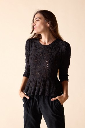 St. Roche FILIGREE SWEATER in BLACK | feminine peplum sweaters | ruffle hem jumper | women’s luxury knitwear | womens organic cotton jumpers