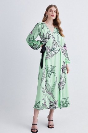 KAREN MILLEN Floral Hammered Satin Woven Wrap Midi Dress in Green ~ fluid occasion dresses - flipped