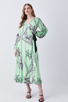 KAREN MILLEN Floral Hammered Satin Woven Wrap Midi Dress in Green ~ fluid occasion dresses