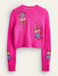 Boden Fluffy Floral Detail Jumper in Shocking Pink Floral | women’s cropped jumpers | crop hem sweaters | womens cute knitwear
