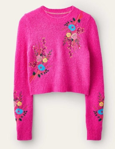 Boden Fluffy Floral Detail Jumper in Shocking Pink Floral | women’s cropped jumpers | crop hem sweaters | womens cute knitwear - flipped