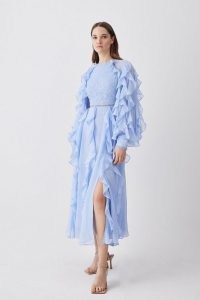 KAREN MILLEN Frill Lace Trim Woven Maxi Dress in Baby Blue – women’s ruffled occasion dresses – romantic event clothes – womens floaty fashion – ruffle trim clothing