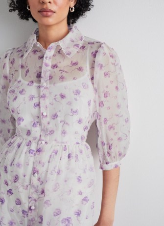 L.K. BENNETT Frink White and Purple Weavers Print Silk Organza Dress / women’s luxury floral shirt dresses / womens feminine semi sheer clothes / luxe clothing - flipped