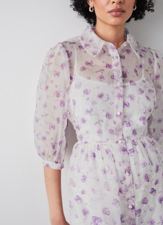 L.K. BENNETT Frink White and Purple Weavers Print Silk Organza Dress / women’s luxury floral shirt dresses / womens feminine semi sheer clothes / luxe clothing