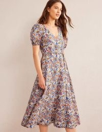 Boden Full Skirt Panelled Midi Dress Nebulas Blue, Paisley Vine / women’s puff sleeve fiy and flare dresses / womens feminine clothing / short puffed sleeved frock