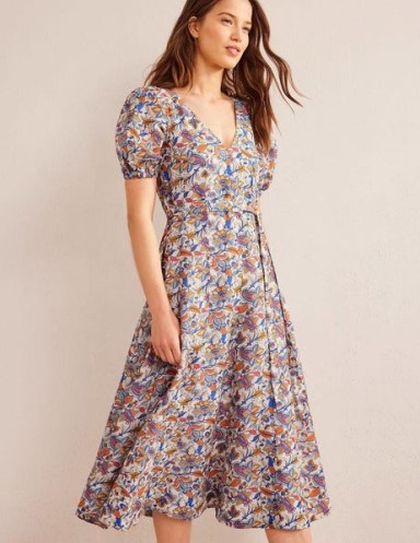 Boden Full Skirt Panelled Midi Dress Nebulas Blue, Paisley Vine / women’s puff sleeve fiy and flare dresses / womens feminine clothing / short puffed sleeved frock